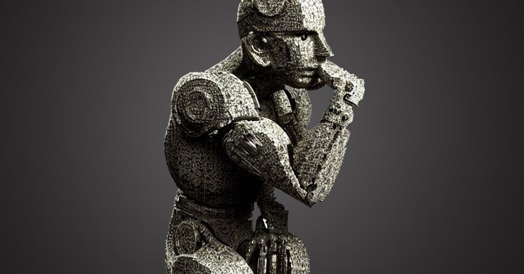 A robotic figure posed as Rodin's Thinker sculpture