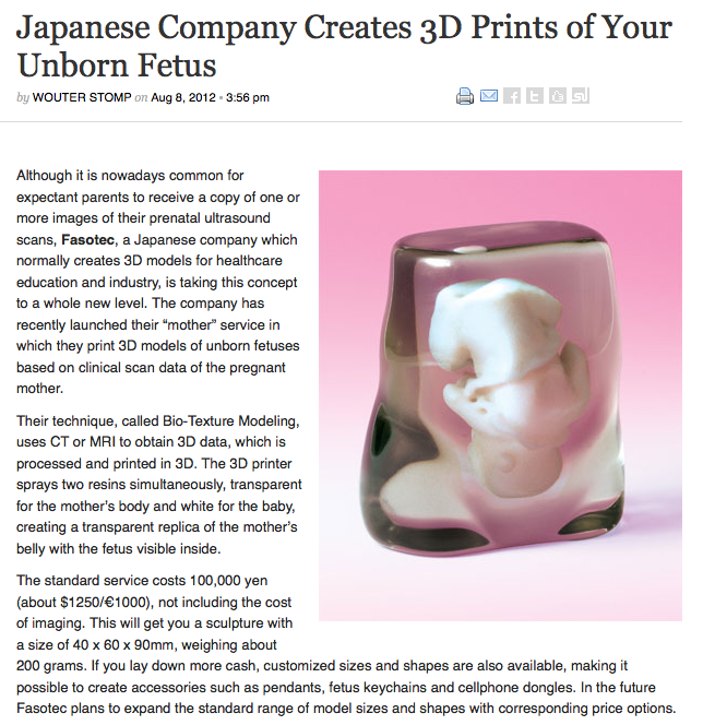 Screenshot of the medgadget article: a Japanese company creates 3D prints of your unborn fetus