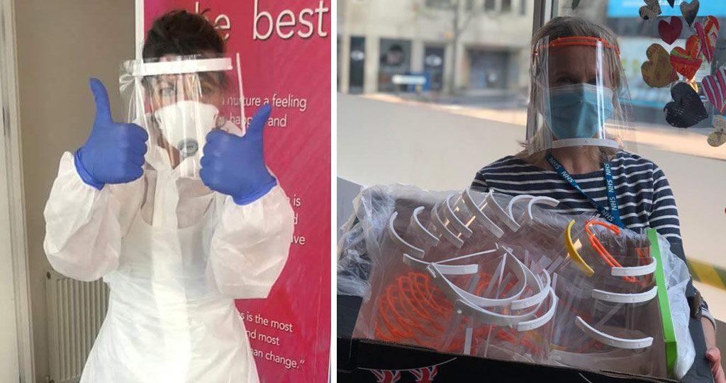 Left: a care worker in PPE giving a thumbs up through a 3D-printed face shield; right: a health worker with a box of printed face-shield headbands