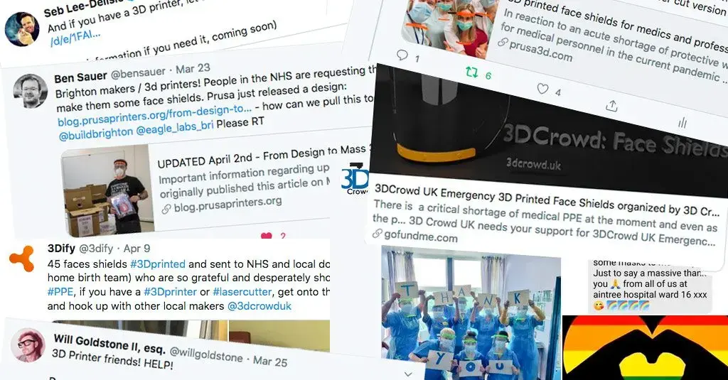 A collage of tweets from makers organising 3D-printed face shields for the NHS during the pandemic