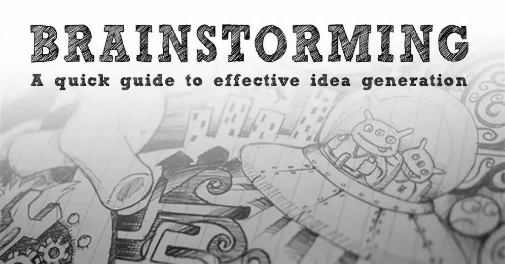Brainstorming cover: "A quick guide to effective idea generation" over pencil doodles of a city, gears and two aliens in a flying saucer