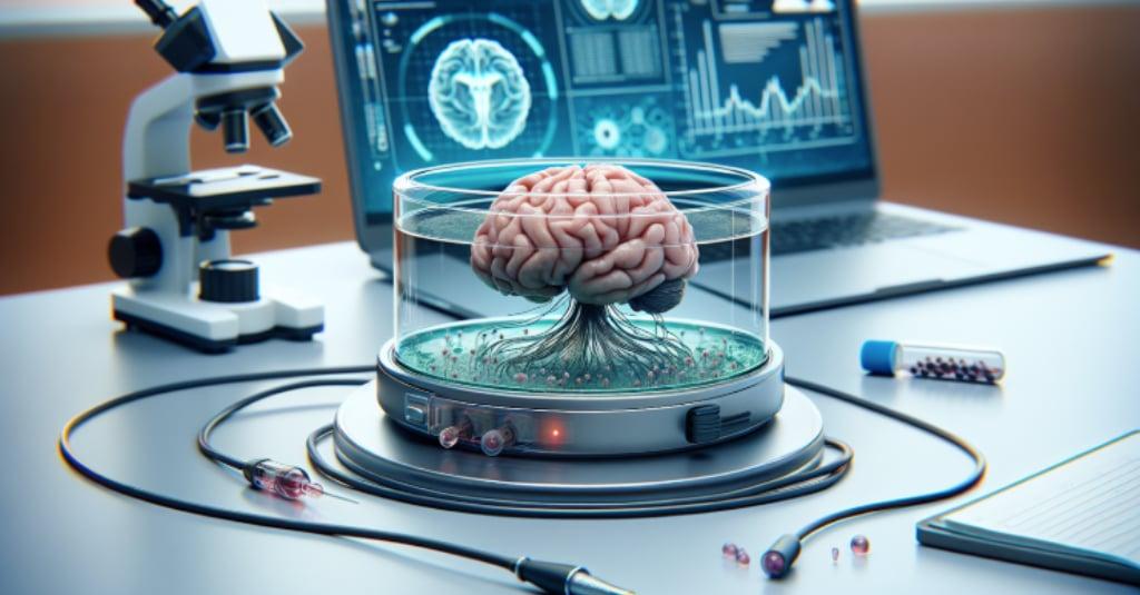A living brain organoid in a glass lab vessel, wired to computing equipment beside a laptop and microscope