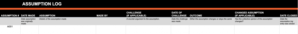 Assumptions log template
