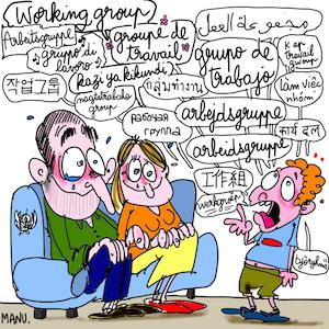 Cartoon of people in a meeting saying ‘working group’ in many different languages