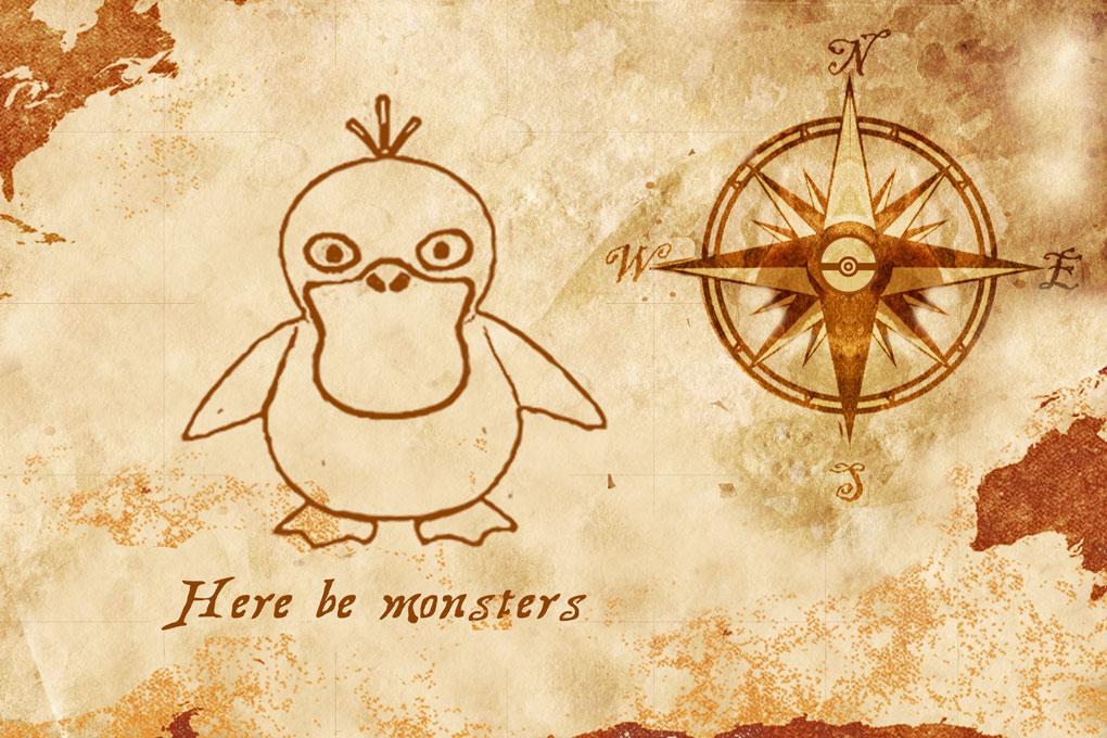 A vintage-style treasure map with a hand-drawn Psyduck Pokémon, a compass rose, and the words ‘Here be monsters’