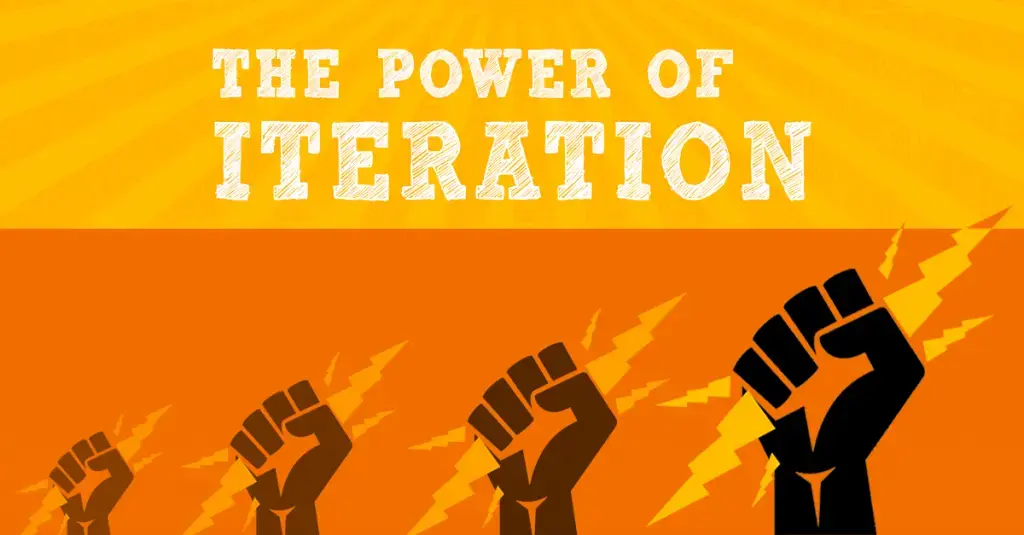 The Power of Iteration cover: four raised fists with lightning bolts, growing larger left to right on an orange background