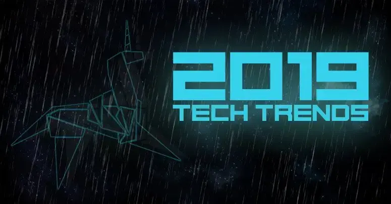 Neon wireframe origami crane in the rain beside the words '2019 Tech Trends'