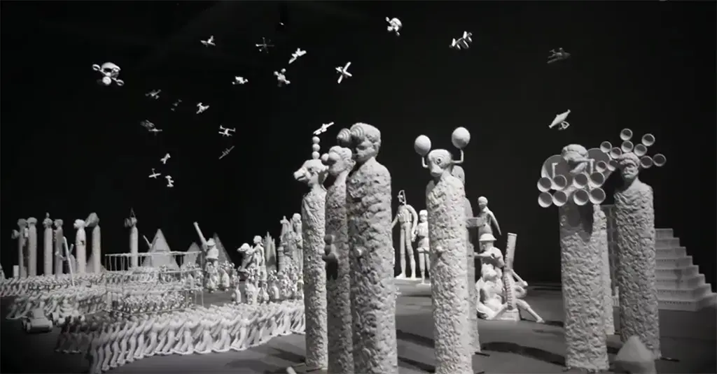 A monochrome sculptural installation of white totem-like figures beneath a dark sky at the Venice Biennale