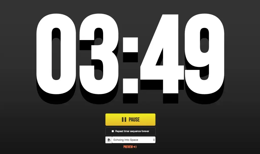 The Marina Timer web-based work timer counting down from 03:49, with a pause button and a sound selector