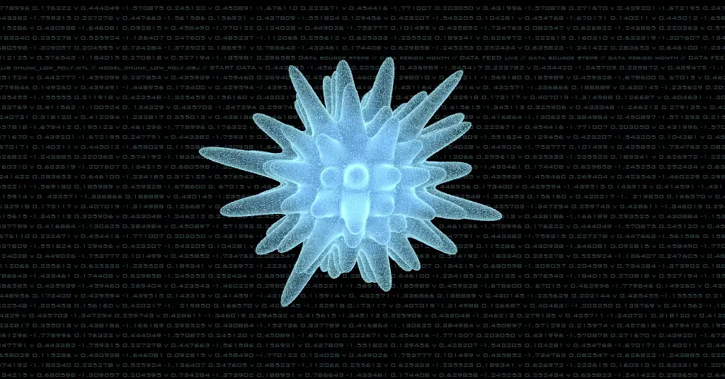 A glowing blue 3D data sculpture resembling a sea urchin, floating over a dark field of numeric data